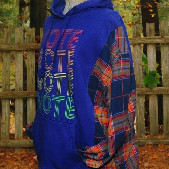 VOTE VOTE Election Reconstructed Hoodie Sweatshirt Navy Blue 2XL Plaid Sleeves - Picture 6 of 8